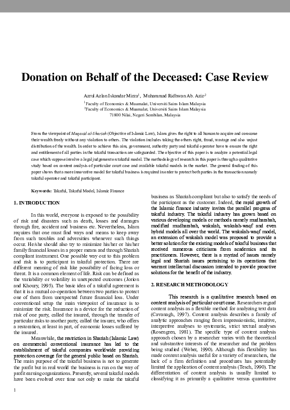 Pdf Donation On Behalf Of The Deceased Case Review Azrul Azlan Iskandar Mirza Academia Edu