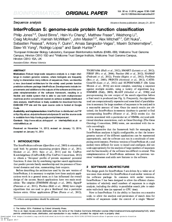 (PDF) InterProScan 5 genomescale protein function classification Rodrigo Lopez, Sebastien