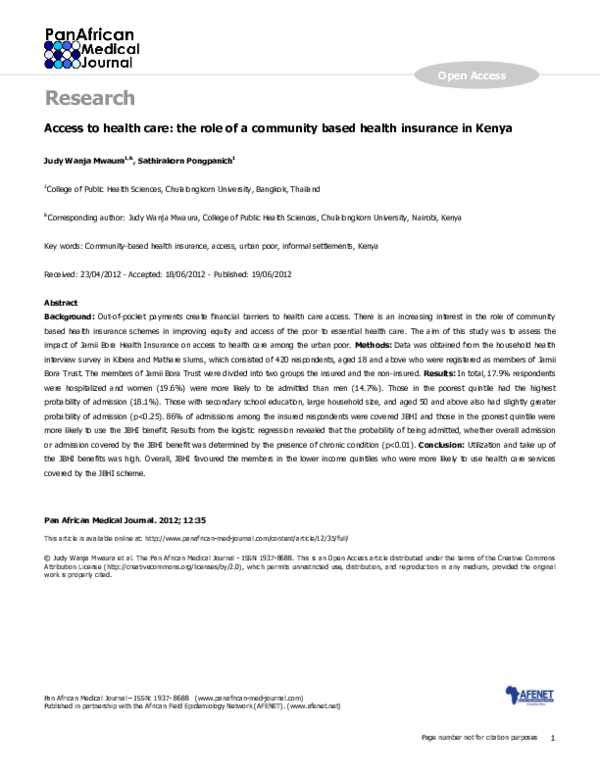 (PDF) Access to health care: the role of a community based health ...