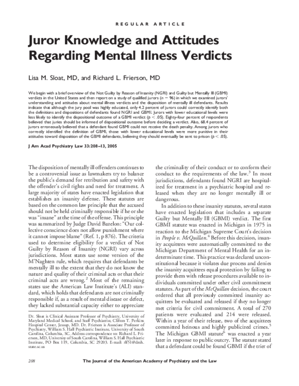 (PDF) Juror knowledge and attitudes regarding mental illness verdicts