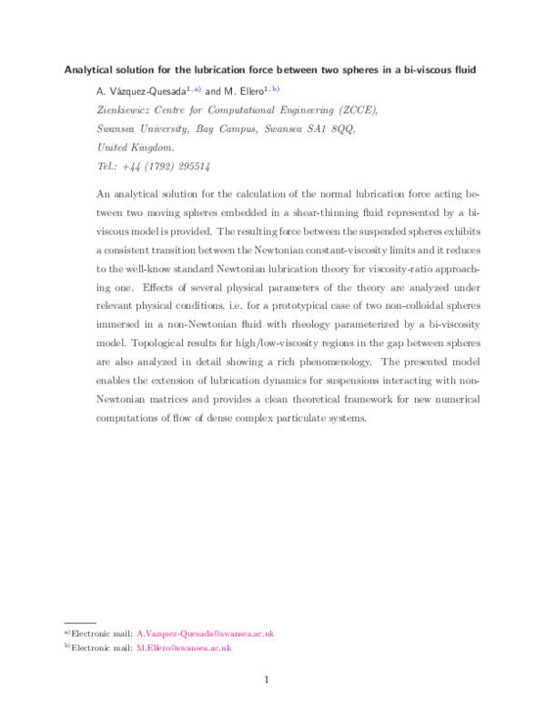 (PDF) Analytical solution for the lubrication force between two spheres ...