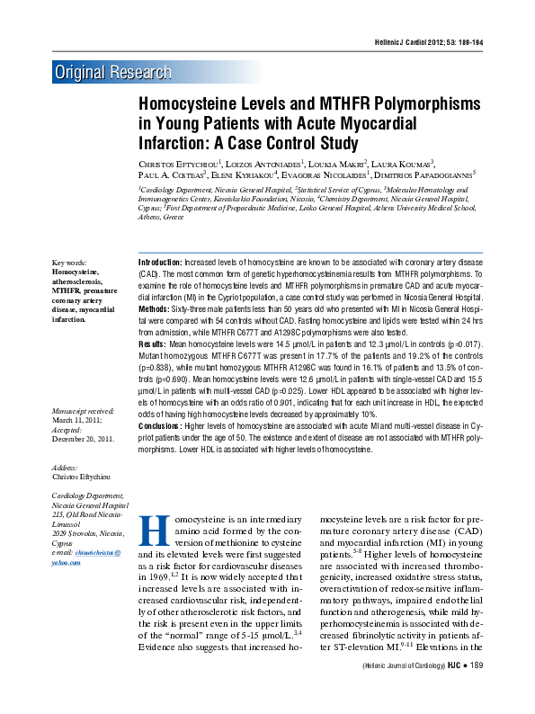 (PDF) Homocysteine levels and MTHFR polymorphisms in young patients ...