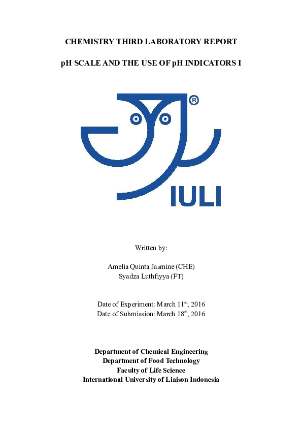 (DOC) CHEMISTRY LABORATORY REPORT "pH Scale and the Use of pH Indicators" Amelia Jasmine