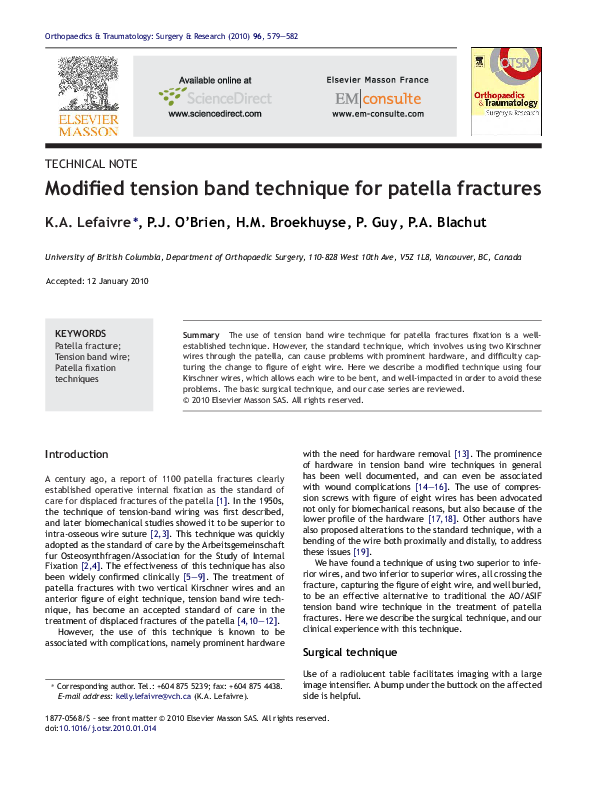 (PDF) Modified tension band technique for patella fractures