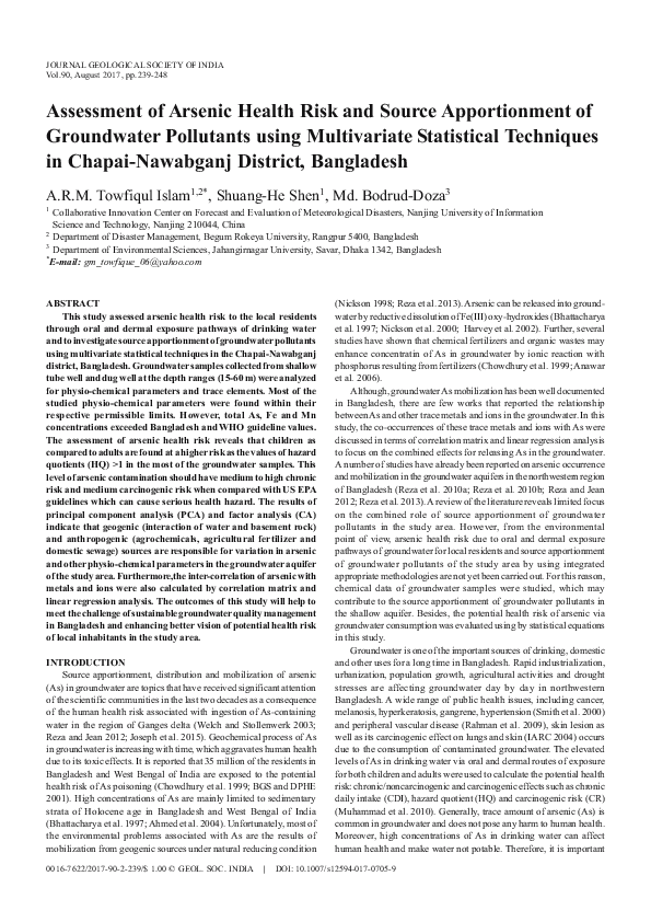 (PDF) Assessment of Arsenic Health Risk and Source Apportionment of ...