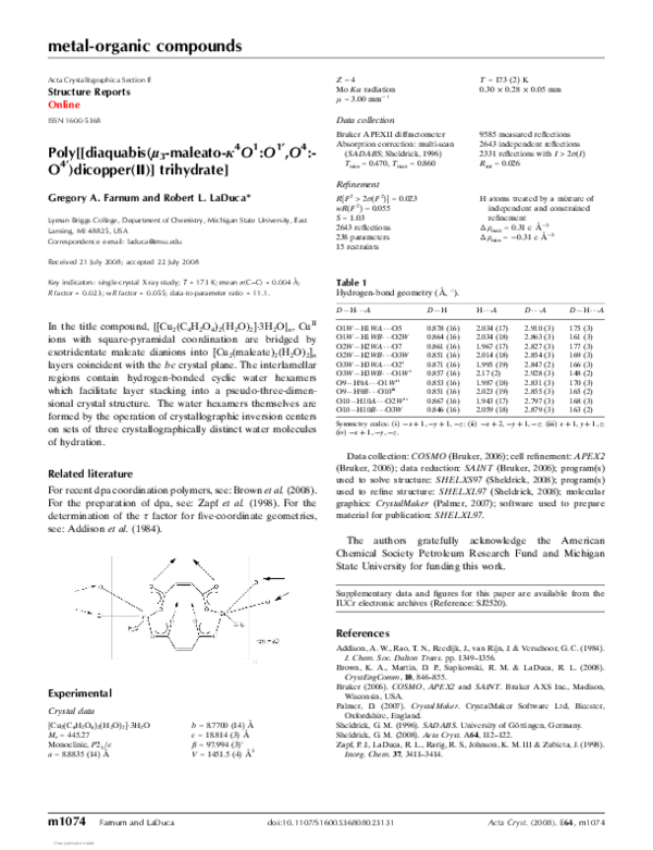 Pdf Poly Diaquabis M 3 Maleato K 4 O 1 O 1 O 4 O 4 Dicopper Ii Trihydrate Robert Laduca Academia Edu