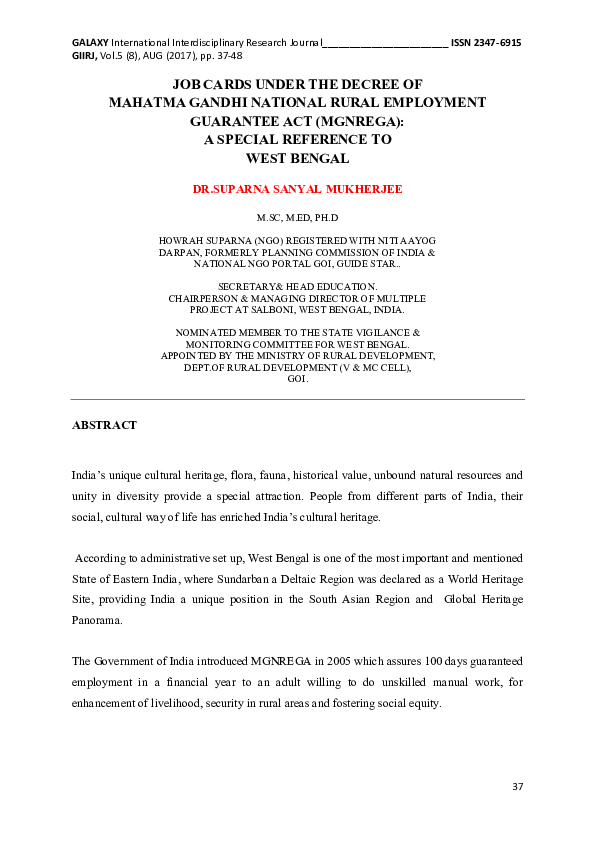 (PDF) JOB CARDS UNDER THE DECREE OF MAHATMA GANDHI NATIONAL RURAL ...