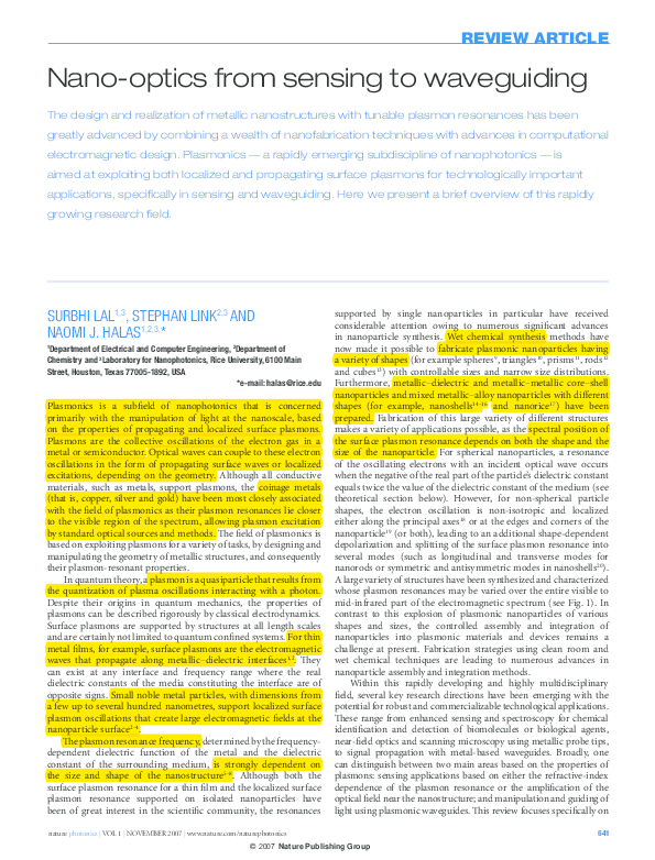 (PDF) Nanooptics from sensing to waveguiding Review Article Ashish