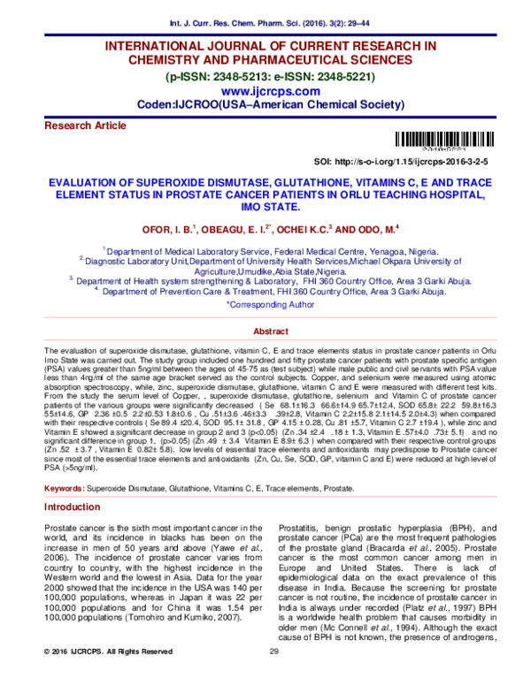 PDF) INTERNATIONAL JOURNAL OF CURRENT RESEARCH IN CHEMISTRY AND  PHARMACEUTICAL SCIENCES EVALUATION OF SUPEROXIDE DISMUTASE, GLUTATHIONE,  VITAMINS C, E AND TRACE ELEMENT STATUS IN PROSTATE CANCER PATIENTS IN ORLU  TEACHING HOSPITAL, IMO