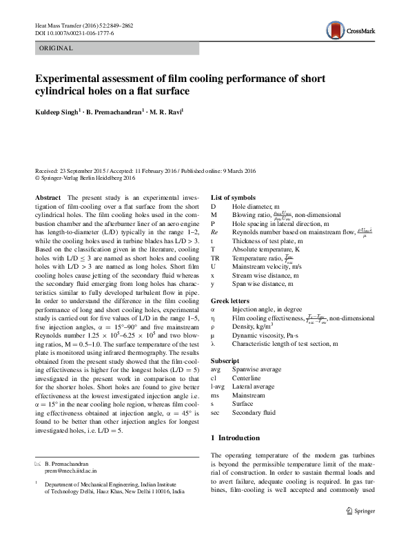 (PDF) Experimental assessment of film cooling performance of short ...