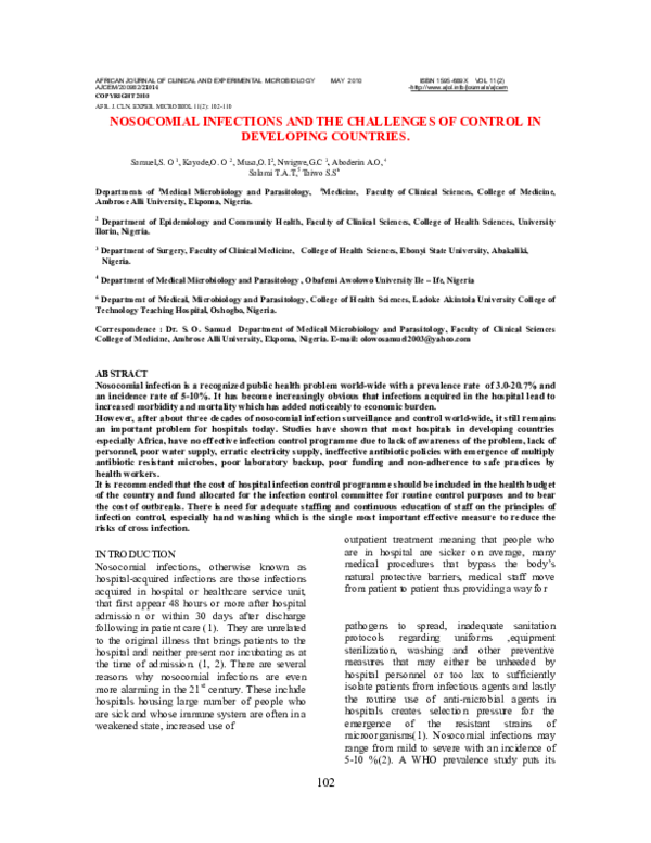 (PDF) NOSOCOMIAL INFECTIONS AND THE CHALLENGES OF CONTROL IN DEVELOPING ...