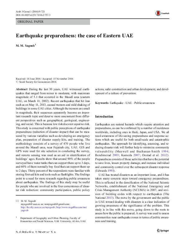 (PDF) Yagoub, M. M., 2016. Earthquake Preparedness The Case of Eastern UAE. The Arabian Journal