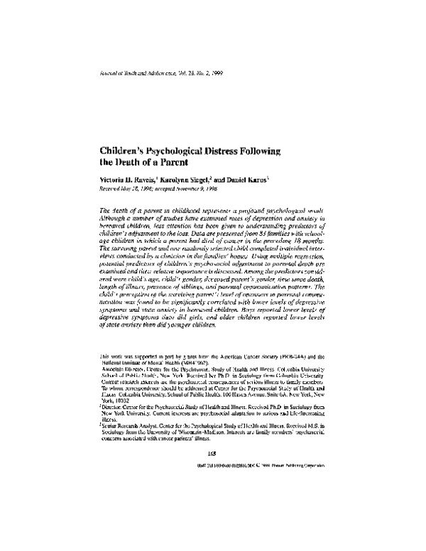 (PDF) Children's Psychological Distress Following the Death of a Parent