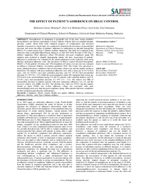 (PDF) THE EFFECT OF PATIENT'S ADHERENCE ON HBA1C CONTROL