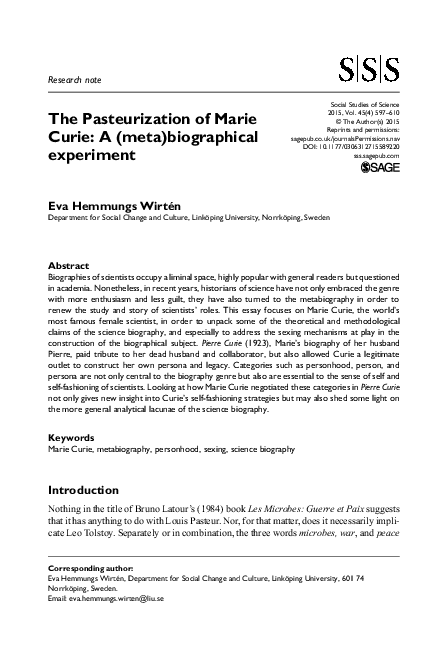 Pdf The Pasteurization Of Marie Curie A Meta Biographical Experiment Eva Hemmungs Wirten Academia Edu