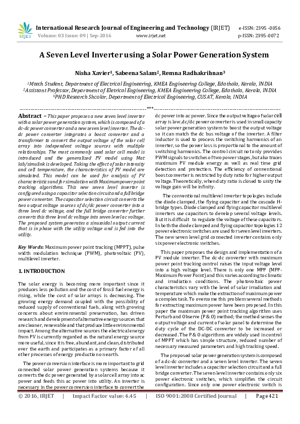 (PDF) A Seven Level Inverter using a Solar Power Generation System