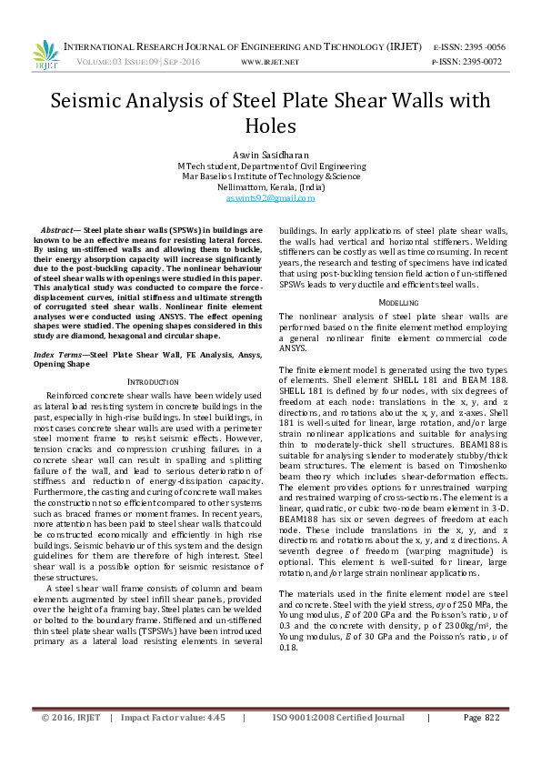 (PDF) Seismic Analysis of Steel Plate Shear Walls with Holes