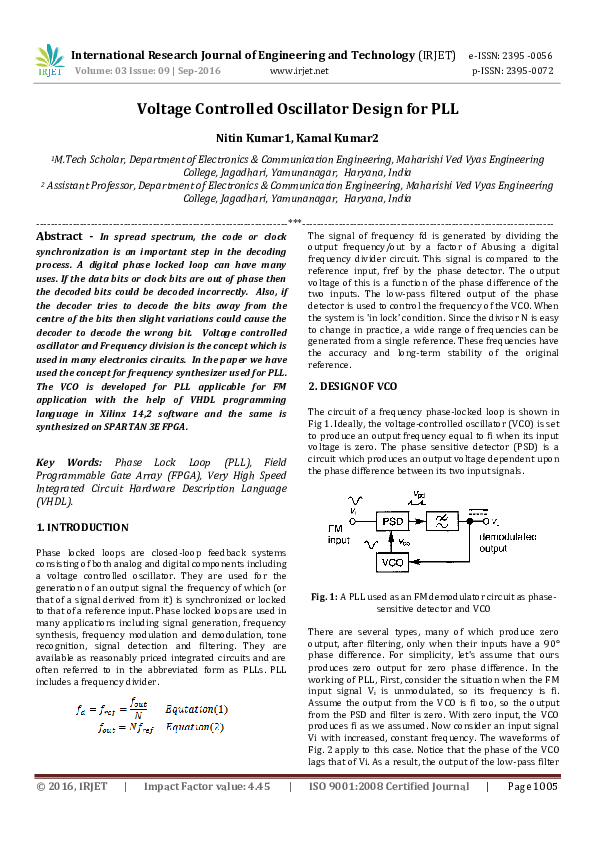 (PDF) Voltage Controlled Oscillator Design for PLL IRJET Journal