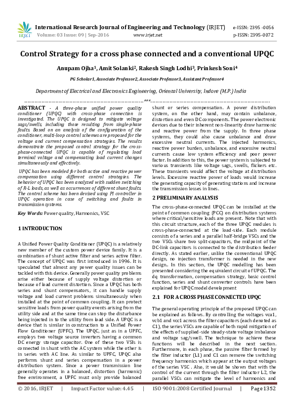 (PDF) Control Strategy for a cross phase connected and a conventional UPQC