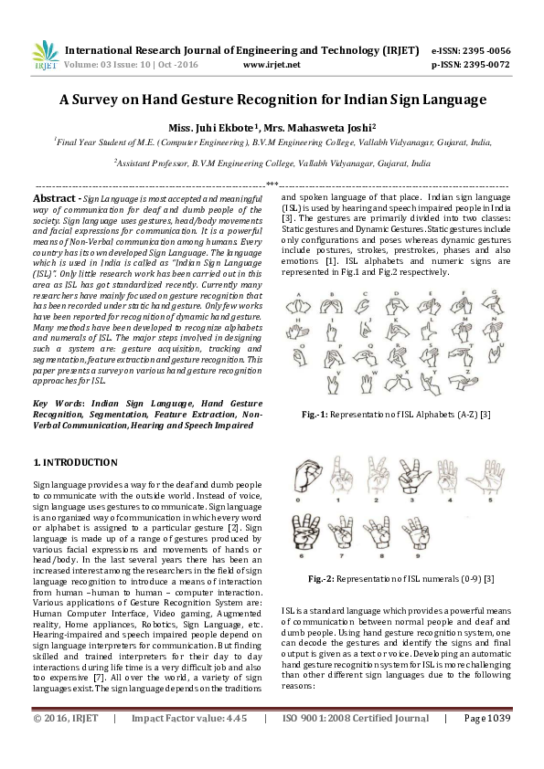 (PDF) A Survey on Hand Gesture Recognition for Indian Sign Language