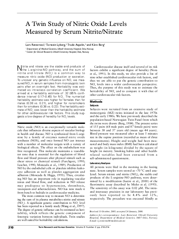 (PDF) A Twin Study of Nitric Oxide Levels Measured by Serum Nitrite/Nitrate
