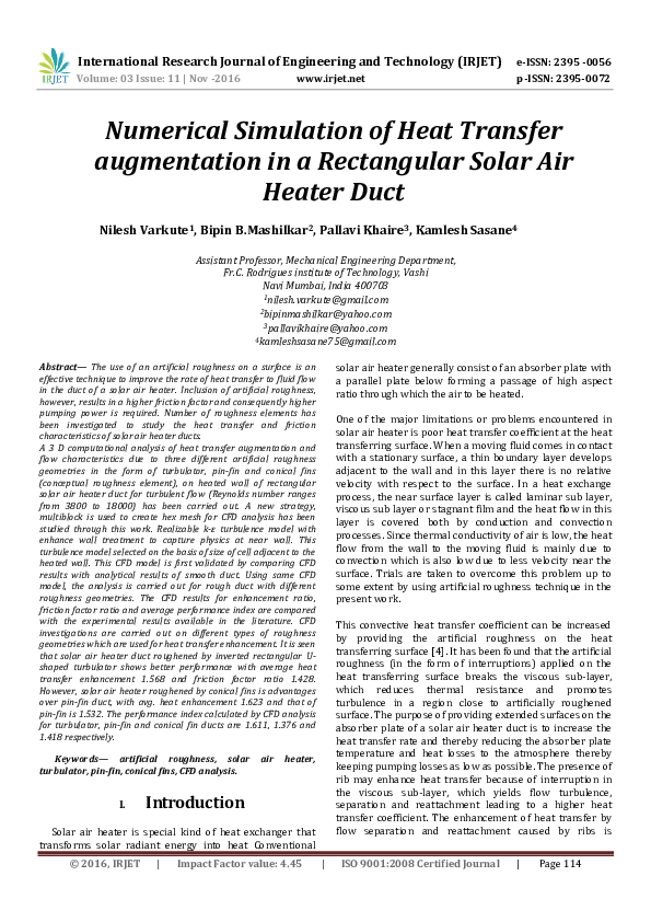 (PDF) Numerical Simulation of Heat Transfer augmentation in a ...