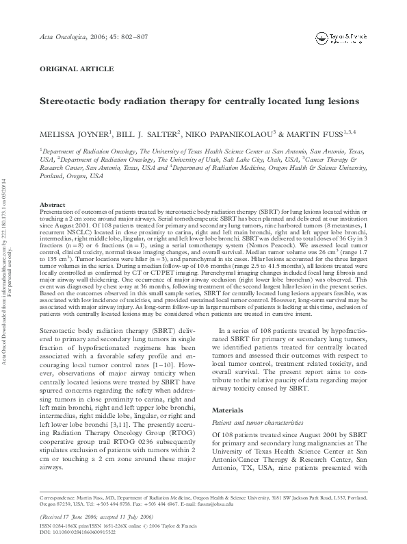 (PDF) Stereotactic body radiation therapy for centrally located lung ...