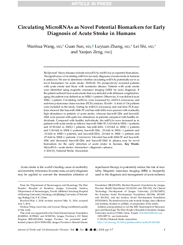 (PDF) Circulating microRNAs as novel potential biomarkers for early ...