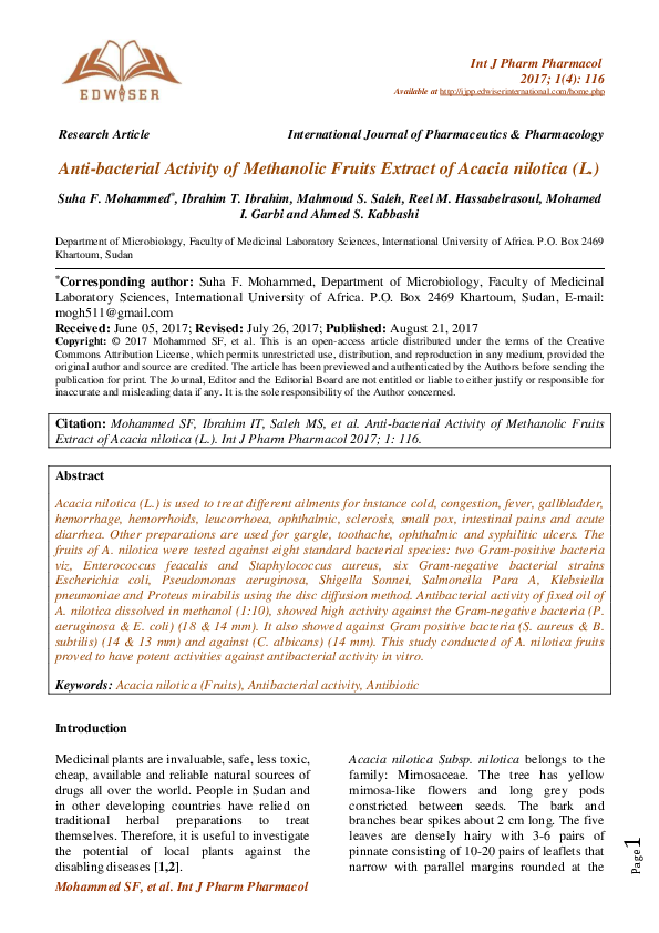 (PDF) Anti-bacterial Activity of Methanolic Fruits Extract of Acacia ...