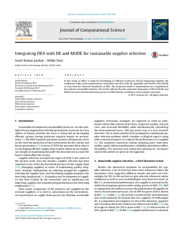 (PDF) Integrating DEA with DE and MODE for sustainable supplier selection