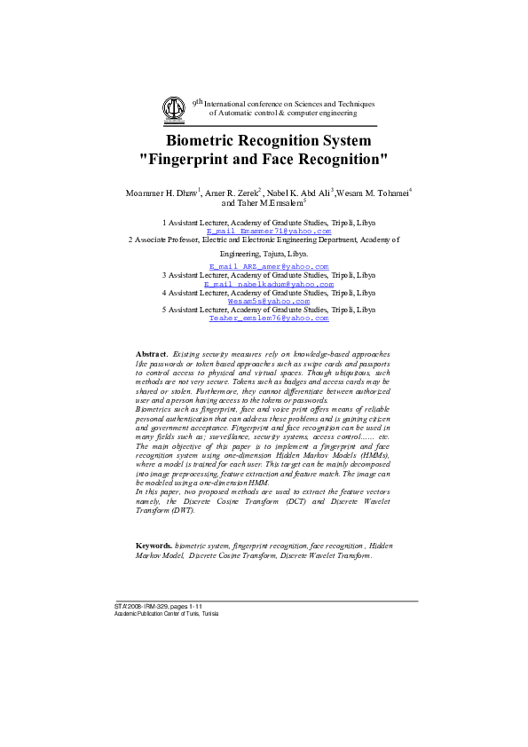 (PDF) Biometric Recognition System "Fingerprint and Face Recognition"