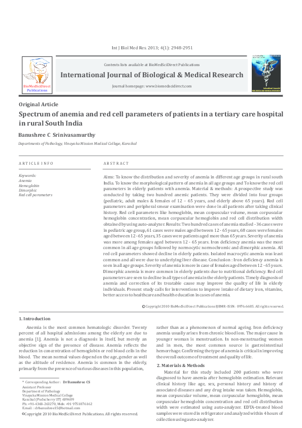 (PDF) Spectrum of anemia and red cell parameters of patients in a ...