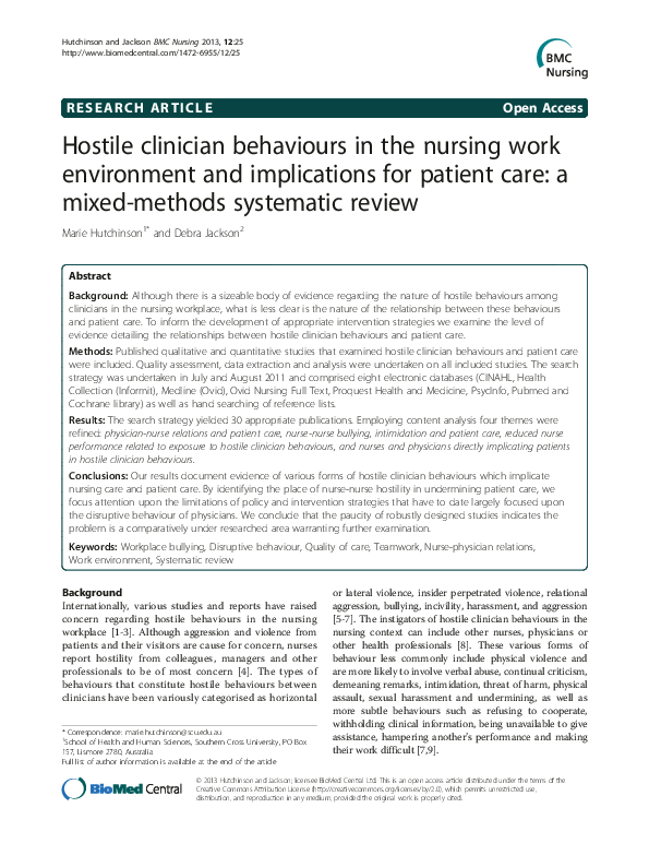 (PDF) Hostile clinician behaviours in the nursing work environment and ...