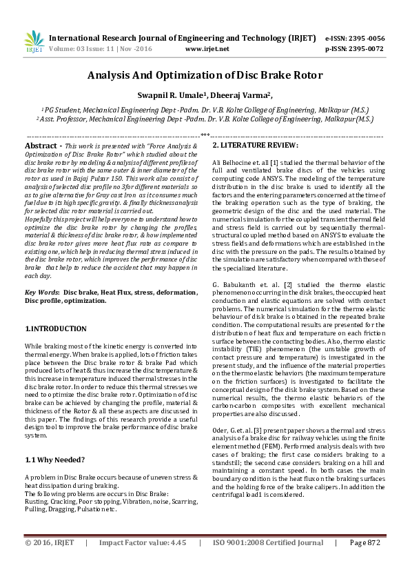 (PDF) Analysis And Optimization of Disc Brake Rotor IRJET Journal