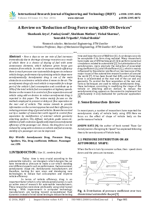 (PDF) A Review on " Reduction of Drag Force using ADD-ON Devices