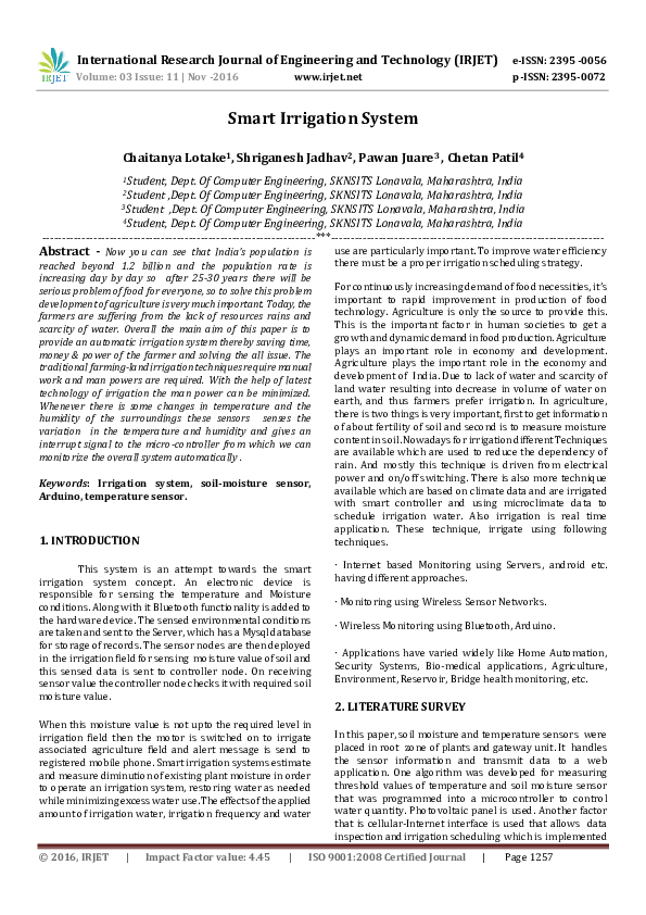 (PDF) Smart Irrigation System IRJET Journal Academia.edu