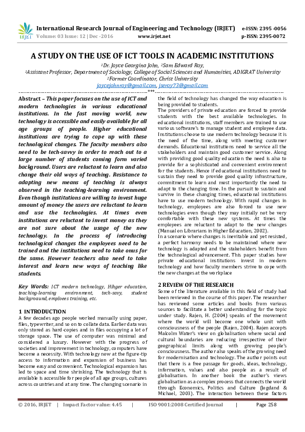 (PDF) A STUDY ON THE USE OF ICT TOOLS IN ACADEMIC INSTITUTIONS