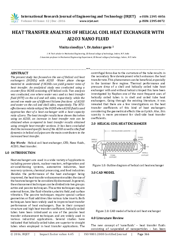 (PDF) HEAT TRANSFER ANALYSIS OF HELICAL COIL HEAT EXCHANGER WITH Al2O3 ...