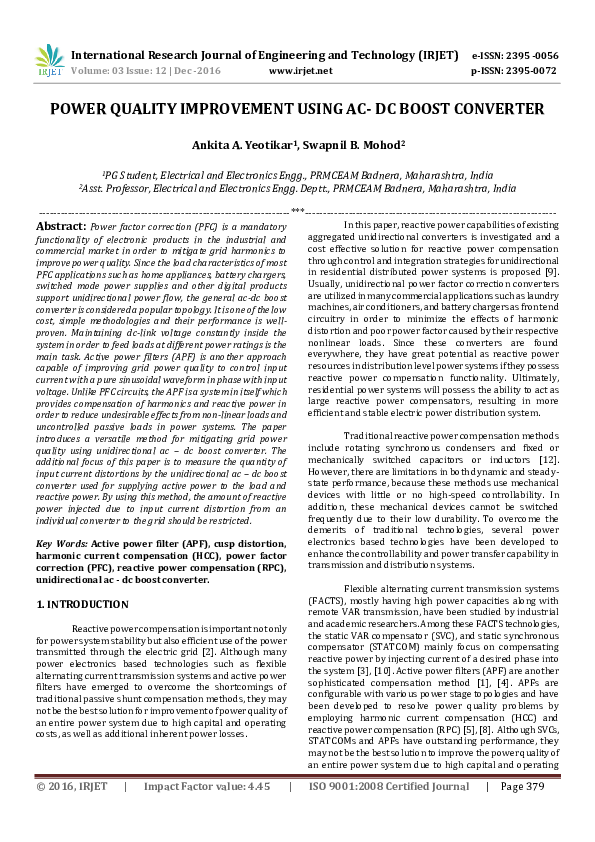 (PDF) POWER QUALITY IMPROVEMENT USING ACDC BOOST CONVERTER IRJET