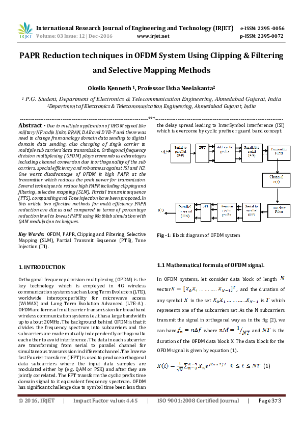 (PDF) PAPR Reduction techniques in OFDM System Using Clipping ...