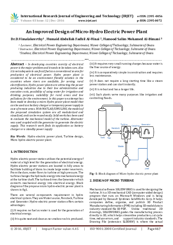 (PDF) An Improved Design of MicroHydro Electric Power Plant IRJET