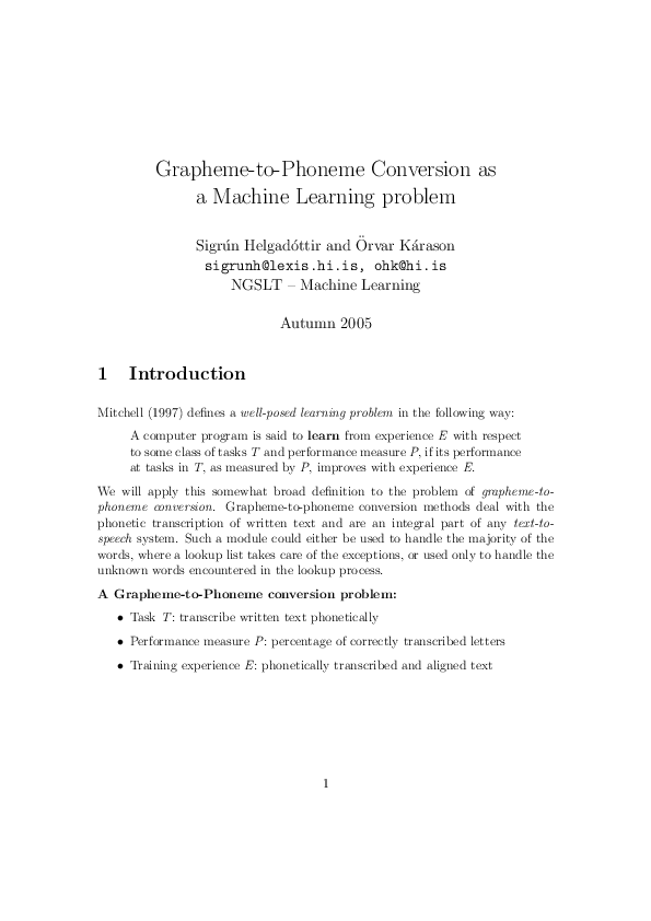 (PDF) Grapheme-to-Phoneme Conversion as a Machine Learning problem