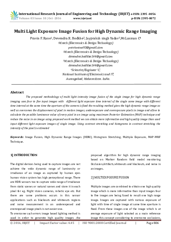 (PDF) Multi Light Exposure Image Fusion for High Dynamic Range Imaging