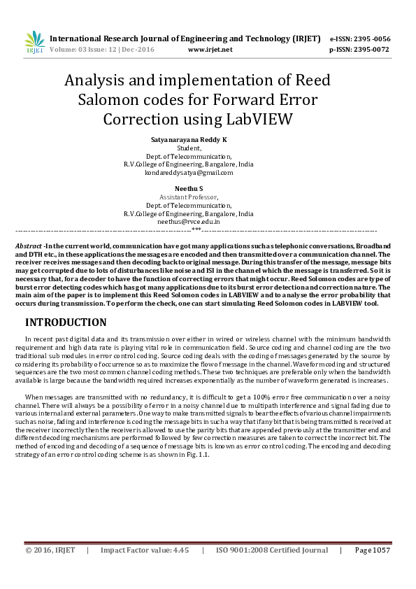 (PDF) Analysis and implementation of Reed Salomon codes for Forward ...
