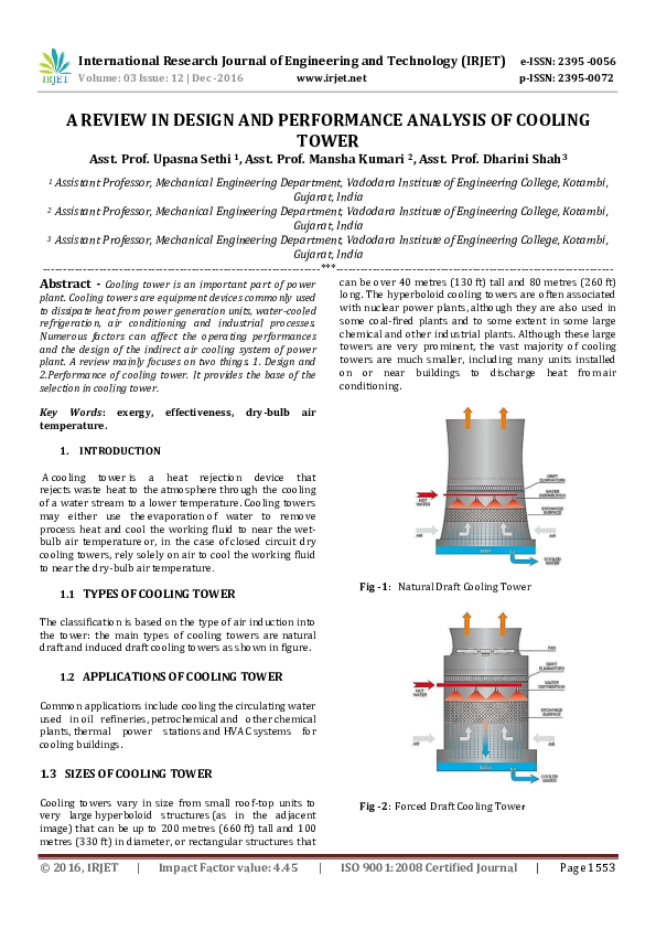 (PDF) A Review in Design and Performance Analysis of Cooling Tower