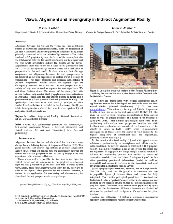 (PDF) Views, Alignment and Incongruity in Indirect Augmented Reality (2013)
