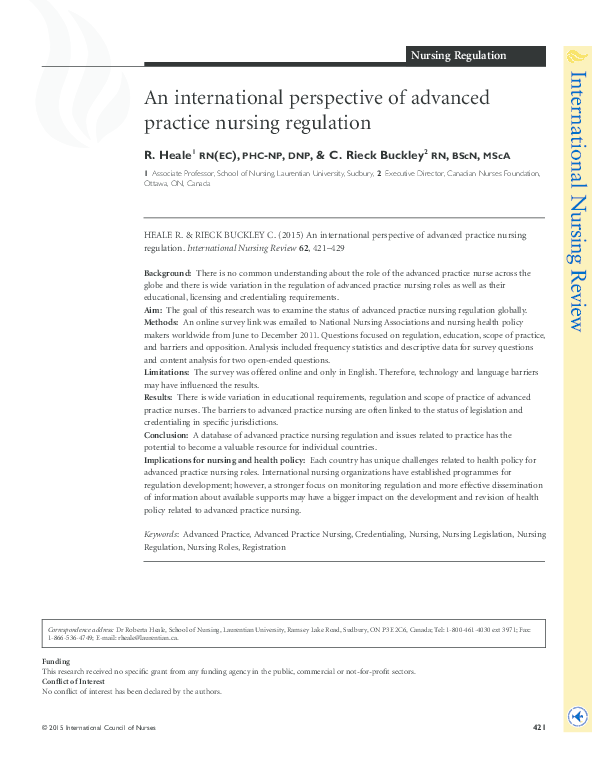 (PDF) An international perspective of advanced practice nursing regulation