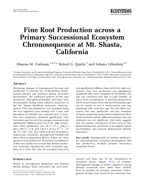 (PDF) Fine Root Production across a Primary Successional Ecosystem Chronosequence at Mt. Shasta