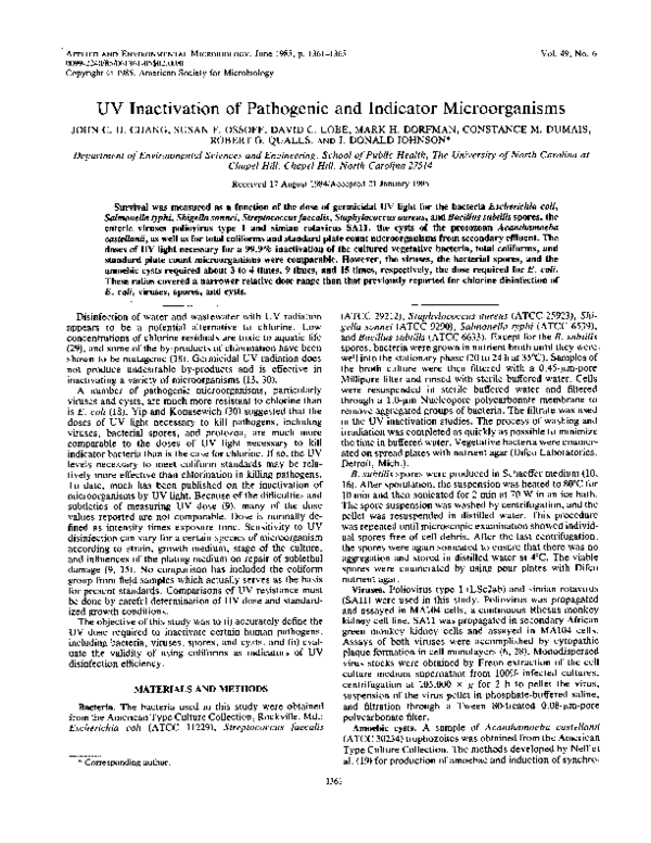 (PDF) UV inactivation of pathogenic and indicator organisms