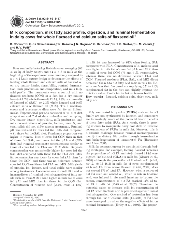 (PDF) Milk composition, milk fatty acid profile, digestion, and ruminal